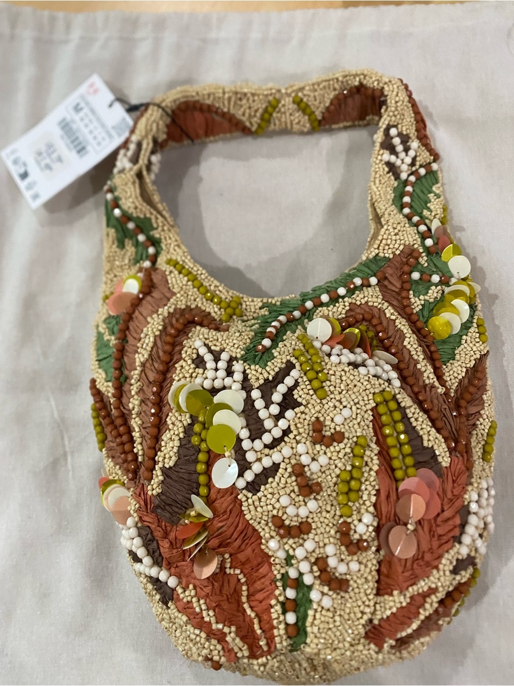 ZARA Beaded Shoulder Bag in Green, Brown & Cream